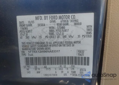 2006 Ford F-150 Stx/Xl/Xlt из США, поврежденный, VIN 1FTRX12W96NA53317